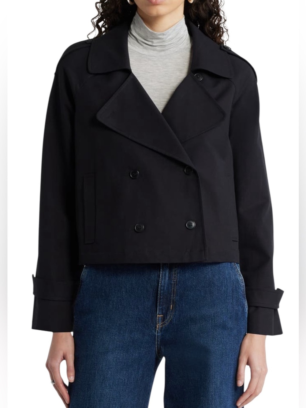 Nordstrom Crop Stretch Cotton Trench Coat in Black Size M NWOT